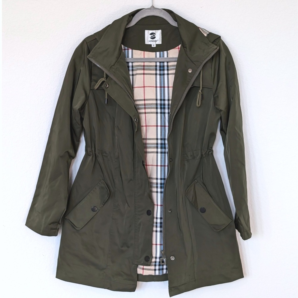 Saphirose‎ Long Anorak Jacket Plaid Lined Olive Green Size S